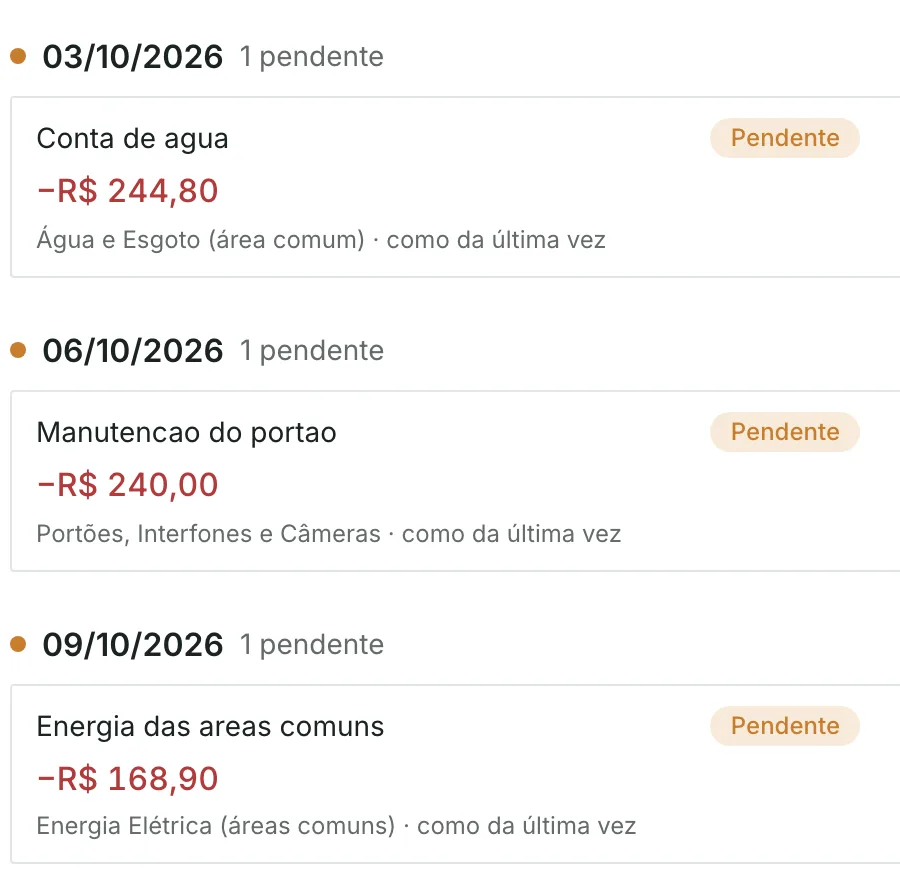 Lançamentos do extrato de outubro, cada um com a categoria sugerida: conta de água em Água e Esgoto, manutenção do portão em Portões, Interfones e Câmeras, energia em Energia Elétrica.
